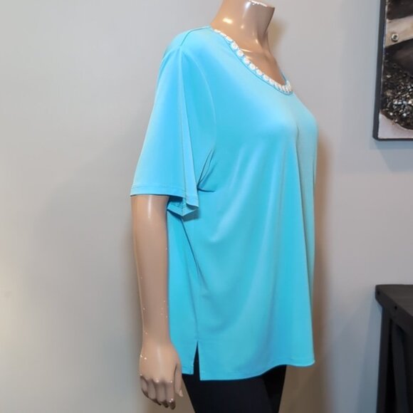 Tanjay Aqua Short Sleeve Top Embellished Scoop Neck Beaded Rhinestone Resort - Picture 9 of 13
